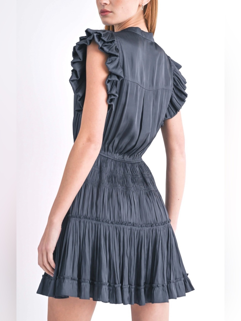 RESET by Jane Venus Satin Pleated Ruffle Mini Dress Periwinkle Blue M